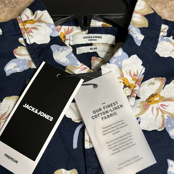 Jack & Jones XL blue yellow floral cotton linen blend men dress shirt NWT! - Picture 12 of 16